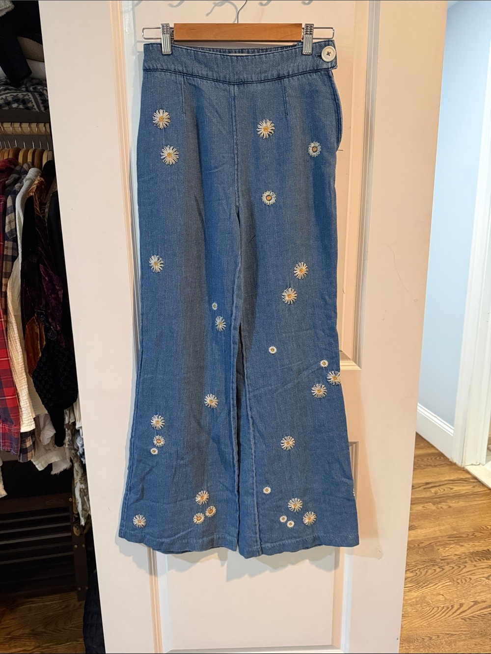 Free People Blue Denim Wide-Leg Pants with Daisy Embroidery